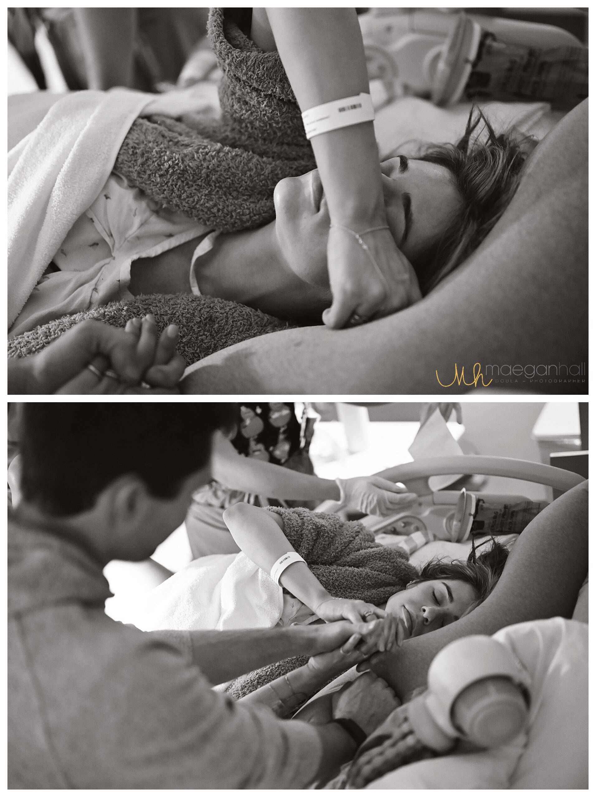 Mom listening to doula to breath and rest in between contractions. 