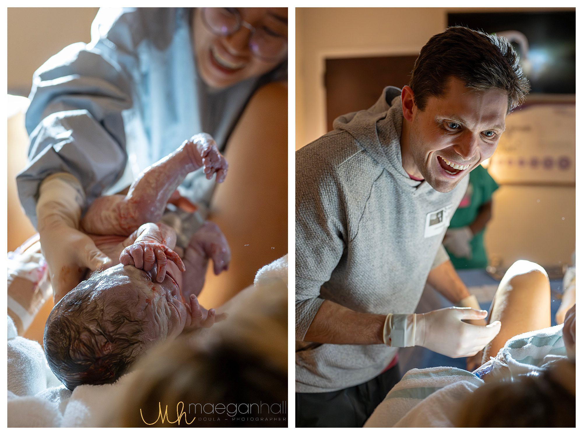 Newborn being lifted gently into mother’s arms
