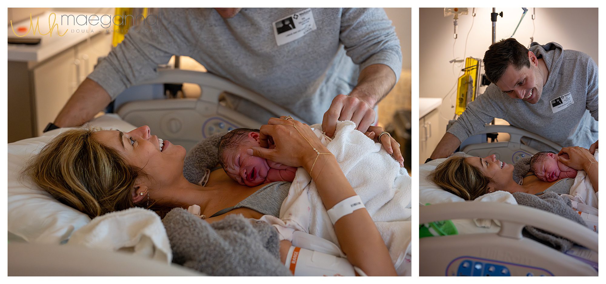 Mother smiling through tears as she meets her baby for the first time
