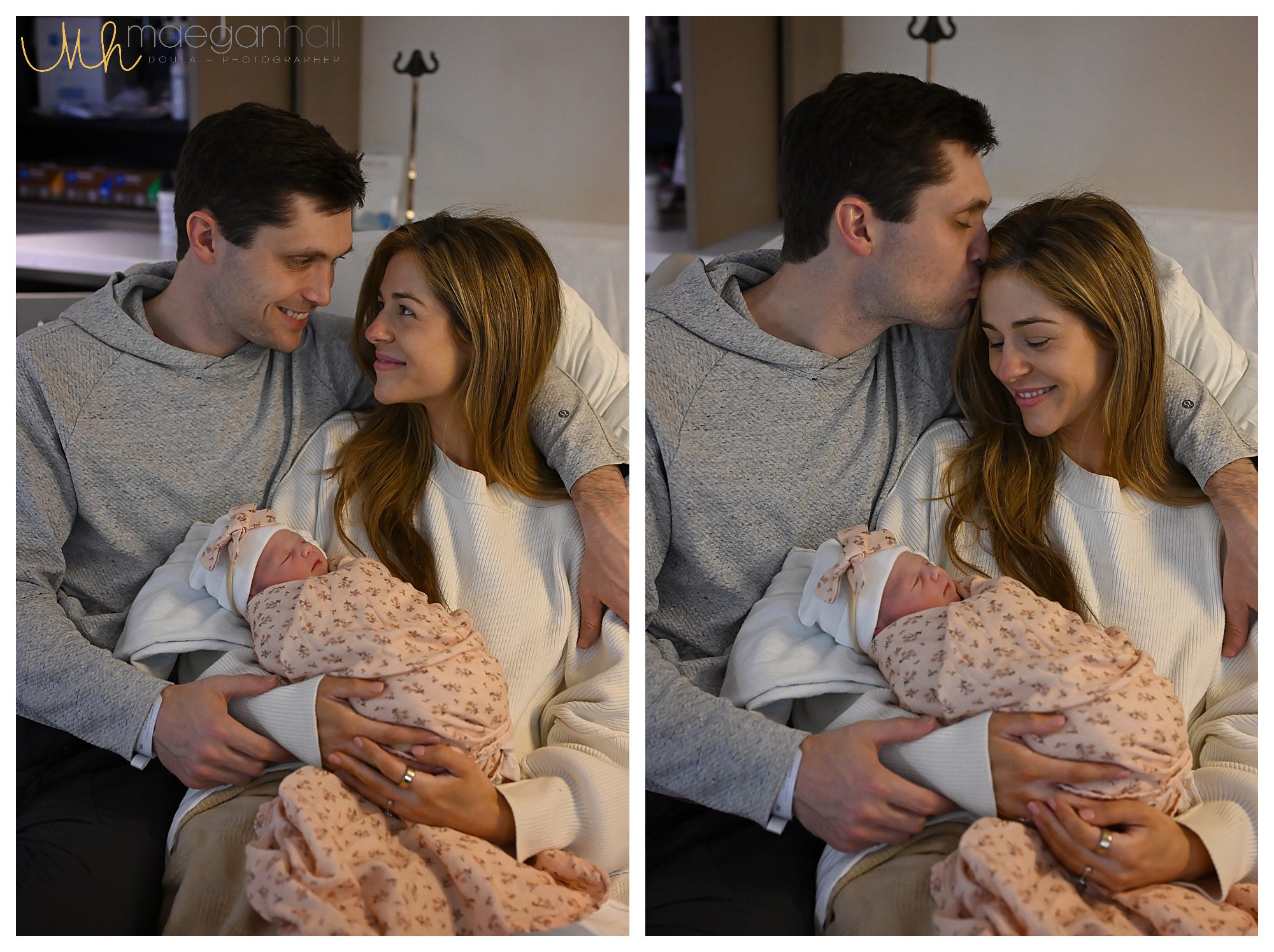 Mom and dad cuddling their baby with doula cleaning up