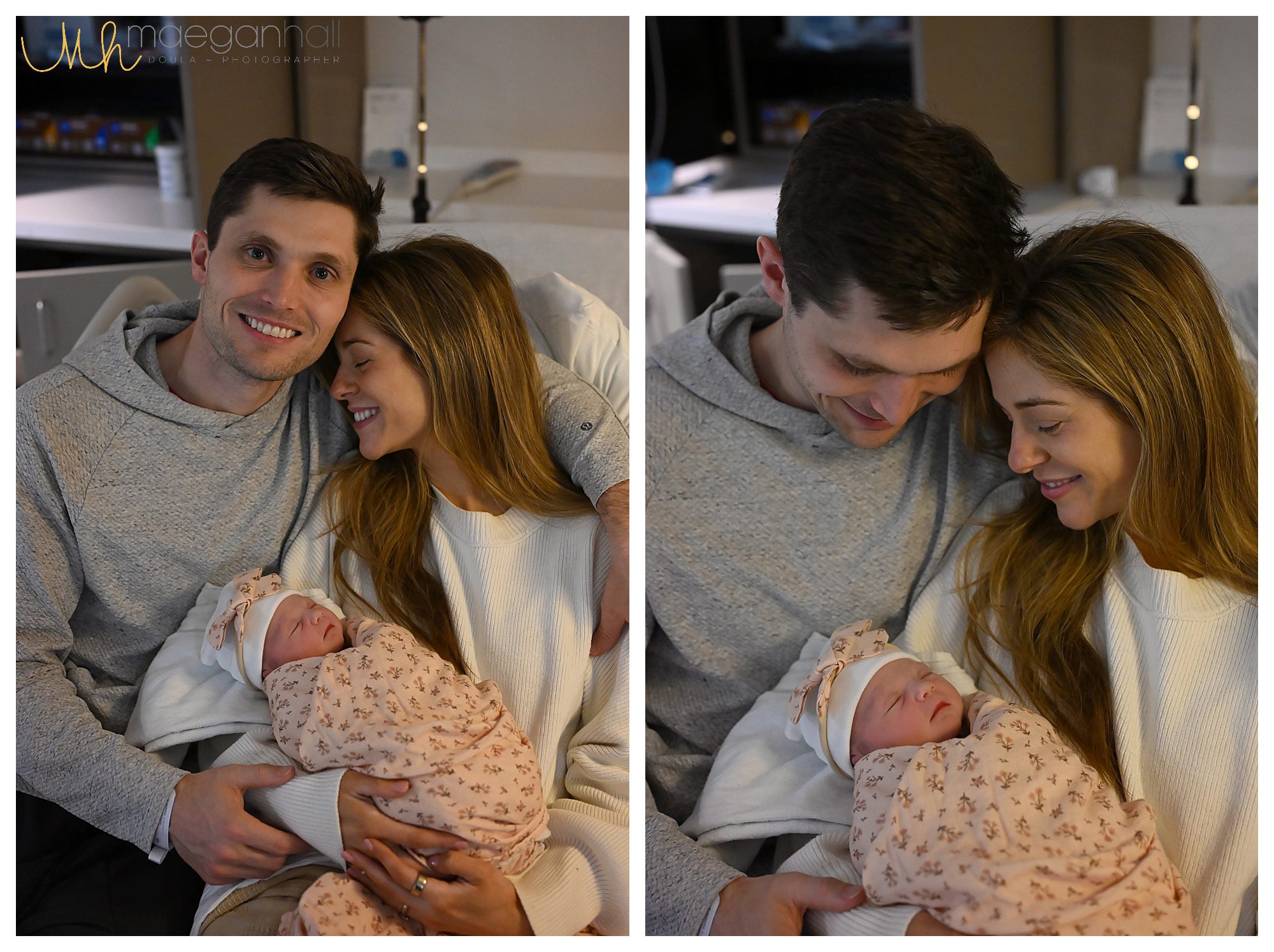Doula tidying birth supplies while parents gaze at their newborn
