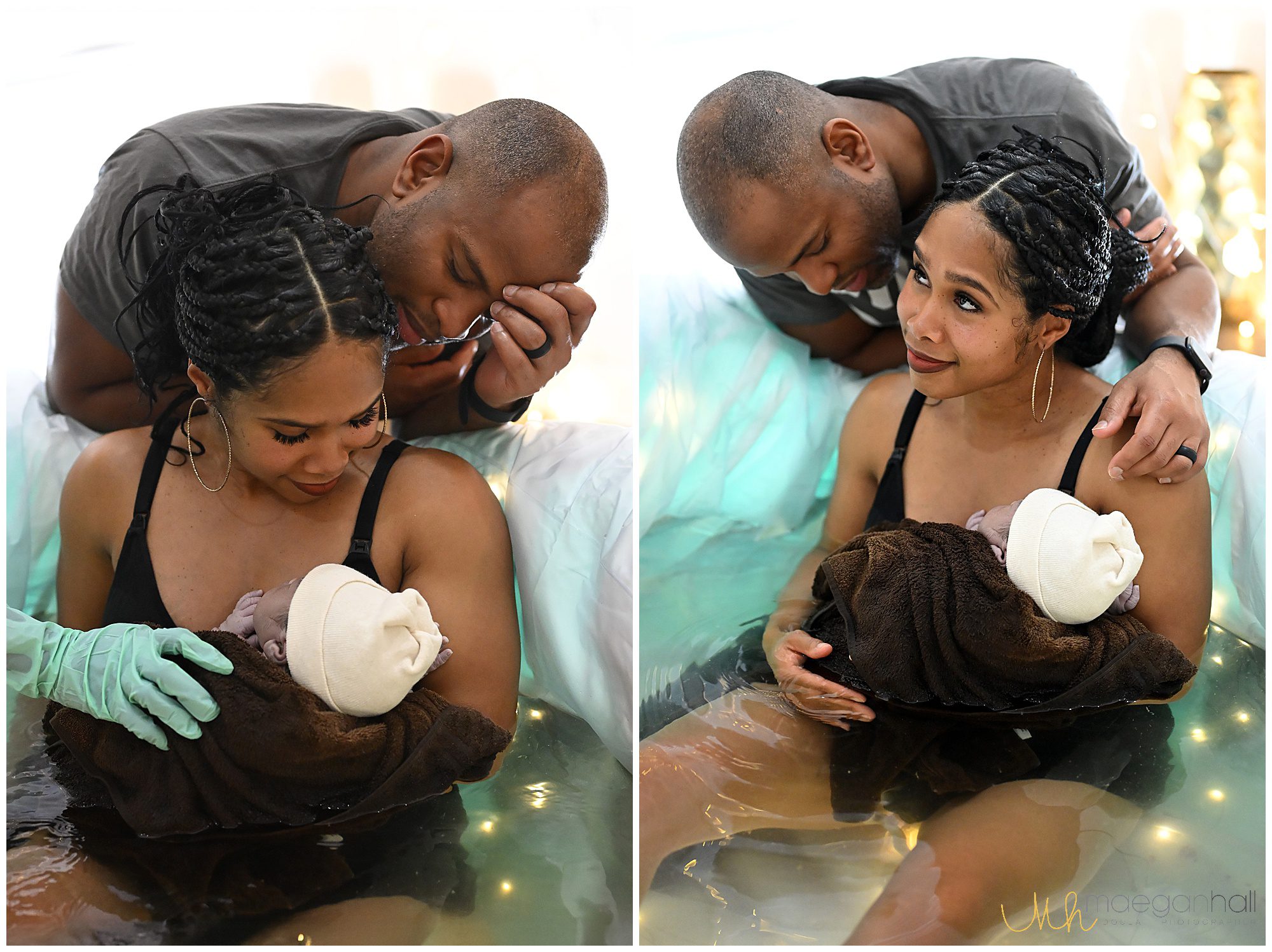 mom and dad cuddle in the birth tub with new baby. Photo taken by Roswell doula photographer
