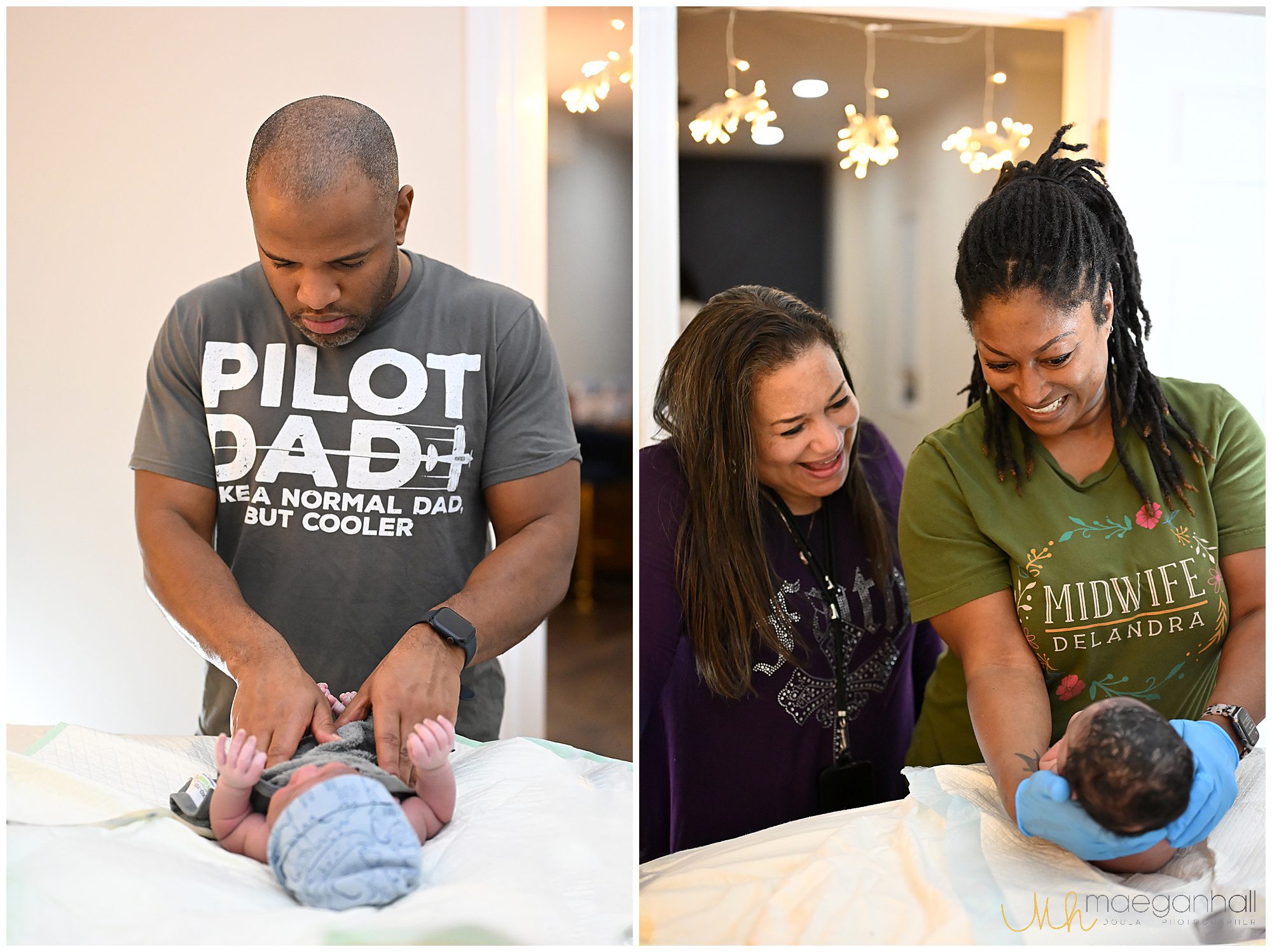 dad swaddles baby and midwife does the newborn exam at home birth