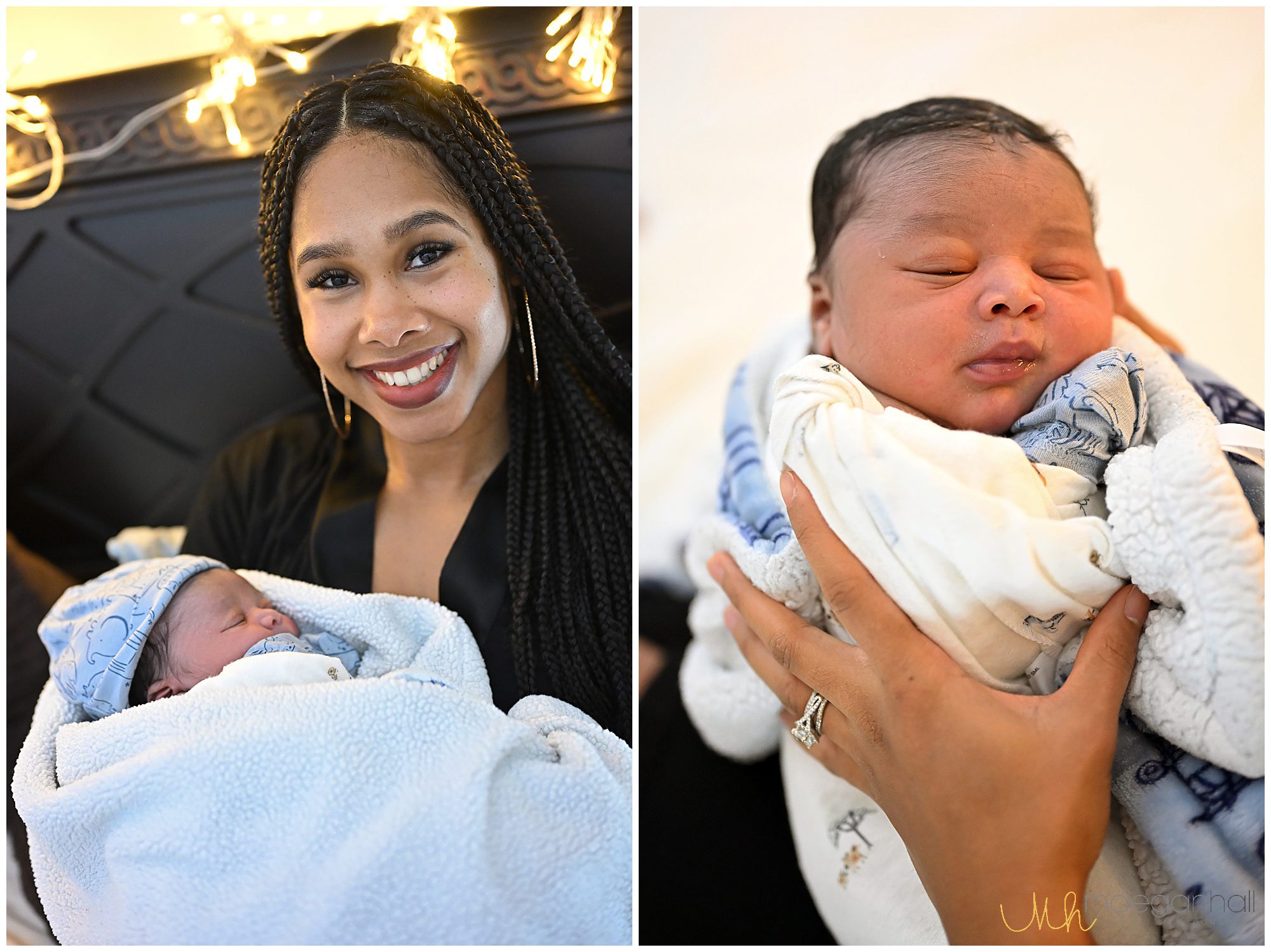mom looks at her new baby after water birth at home